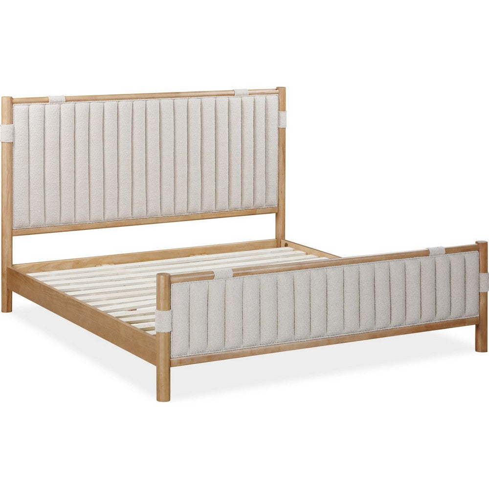 Fiona Queen Upholstered Panel Bed in Ginger Wood | Brown Boucle Fabric