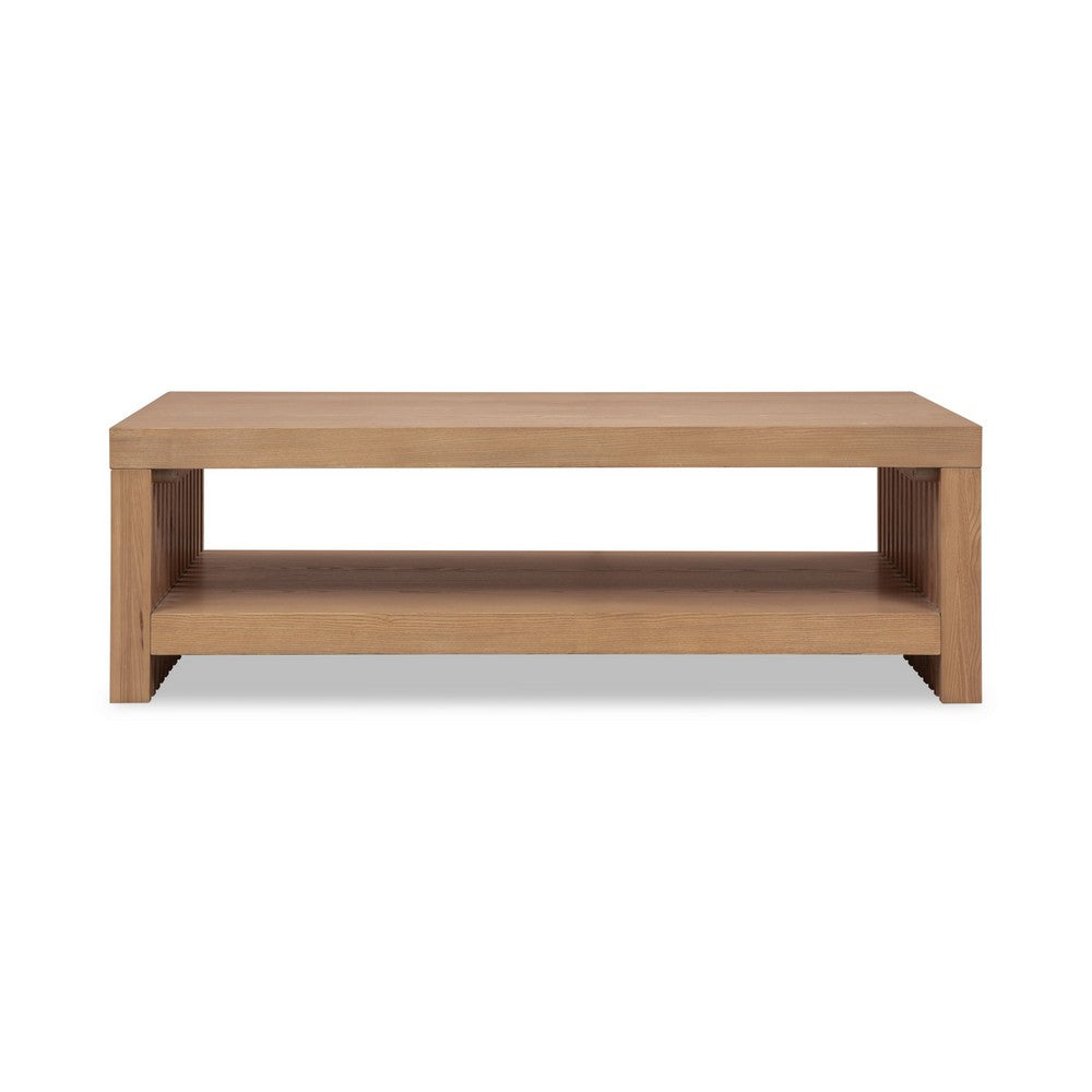 Tammy Coffee Table with Lower Shelf | Slatted Accent | Flaxen Solid Wood 54"