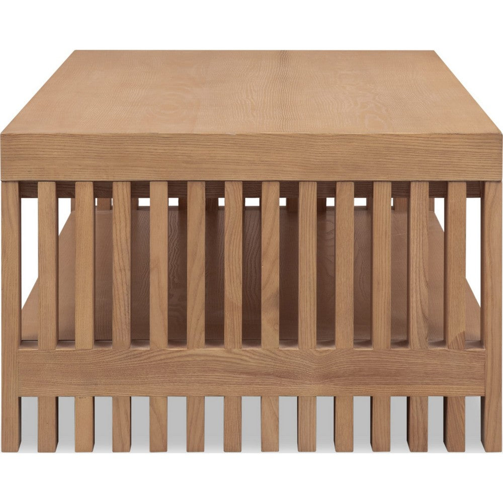Tammy Coffee Table with Lower Shelf | Slatted Accent | Flaxen Solid Wood 54"