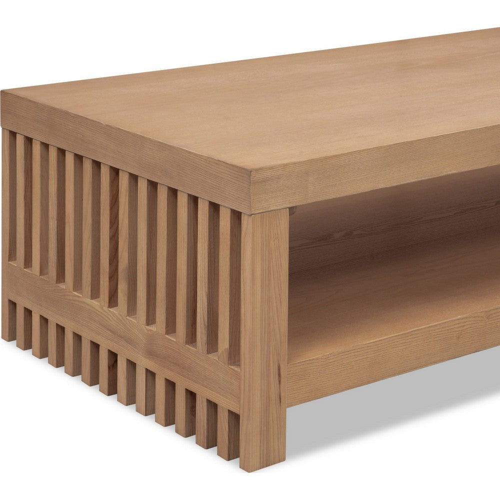 Tammy Coffee Table with Lower Shelf | Slatted Accent | Flaxen Solid Wood 54"
