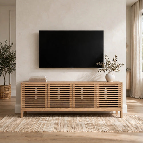 Tammy Media Console with 4 Doors | Slatted Design | Flaxen Ash Wood 78"