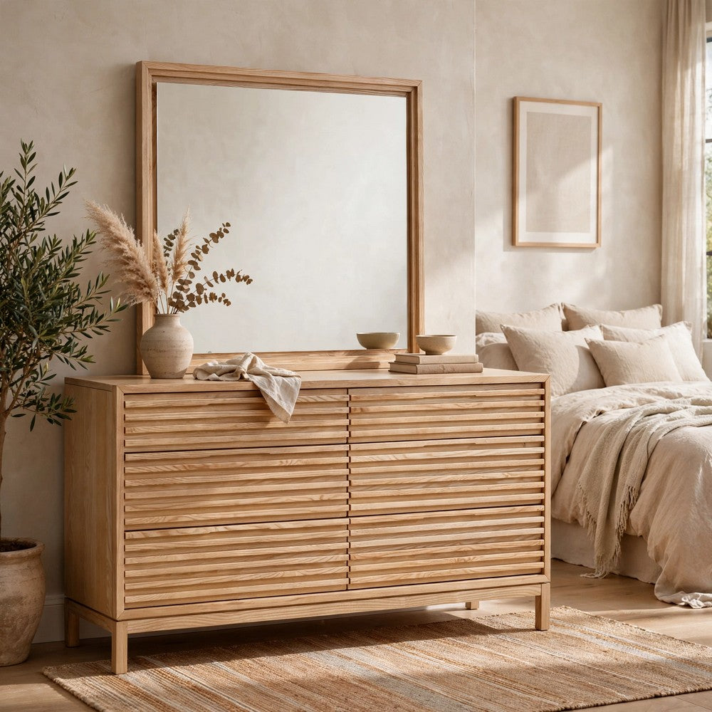 Tammy Wide Dresser | 6 Drawers | Slatted Front Design | Flaxen Wood