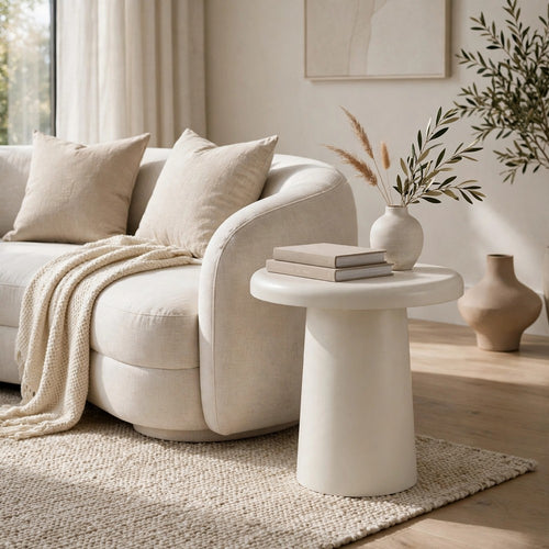 Sofie Modern End Table with Sculptural Cylinder Base | Off White Wood 23"