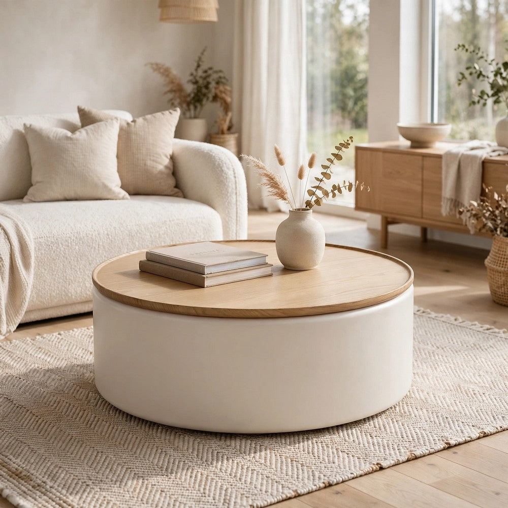 Oslo Lift-Top Coffee Table | Storage & Casters | Barley-White Wood 35" Round