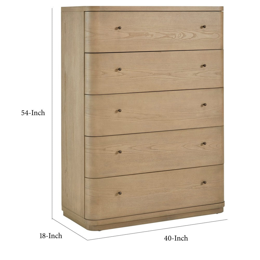 Yati Tall Dresser Chest | 5 Drawers | Rounded Corners | Distress Buff Cream