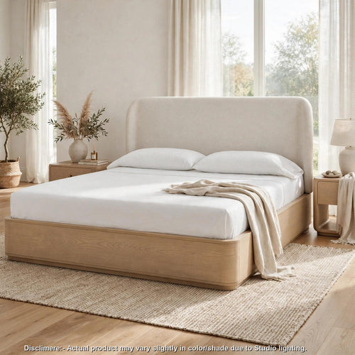 Yati Queen Platform Bed | Wingback | Beige Linen Upholstery | Buff Cream