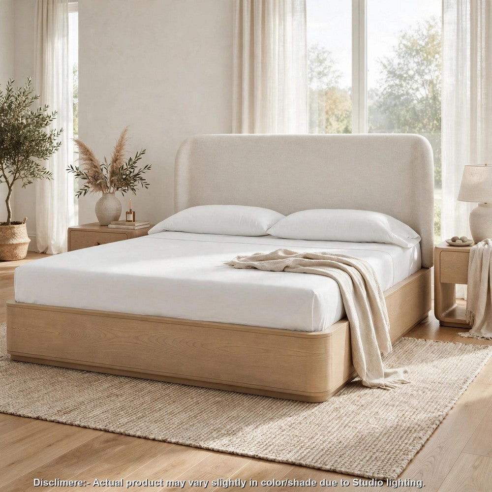 Yati Queen Platform Bed | Wingback | Beige Linen Upholstery | Buff Cream