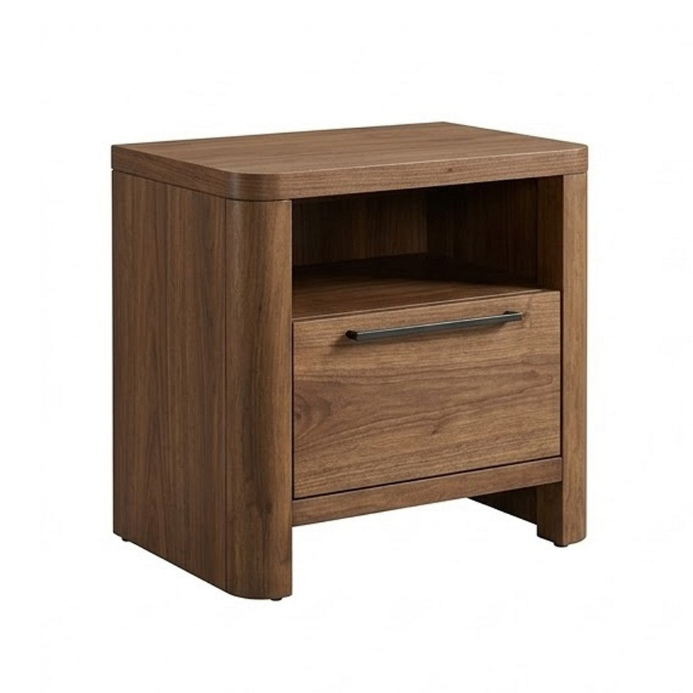 Toyo Nightstand | 1 Drawer and Open Cubby | English Walnut Brown | Black