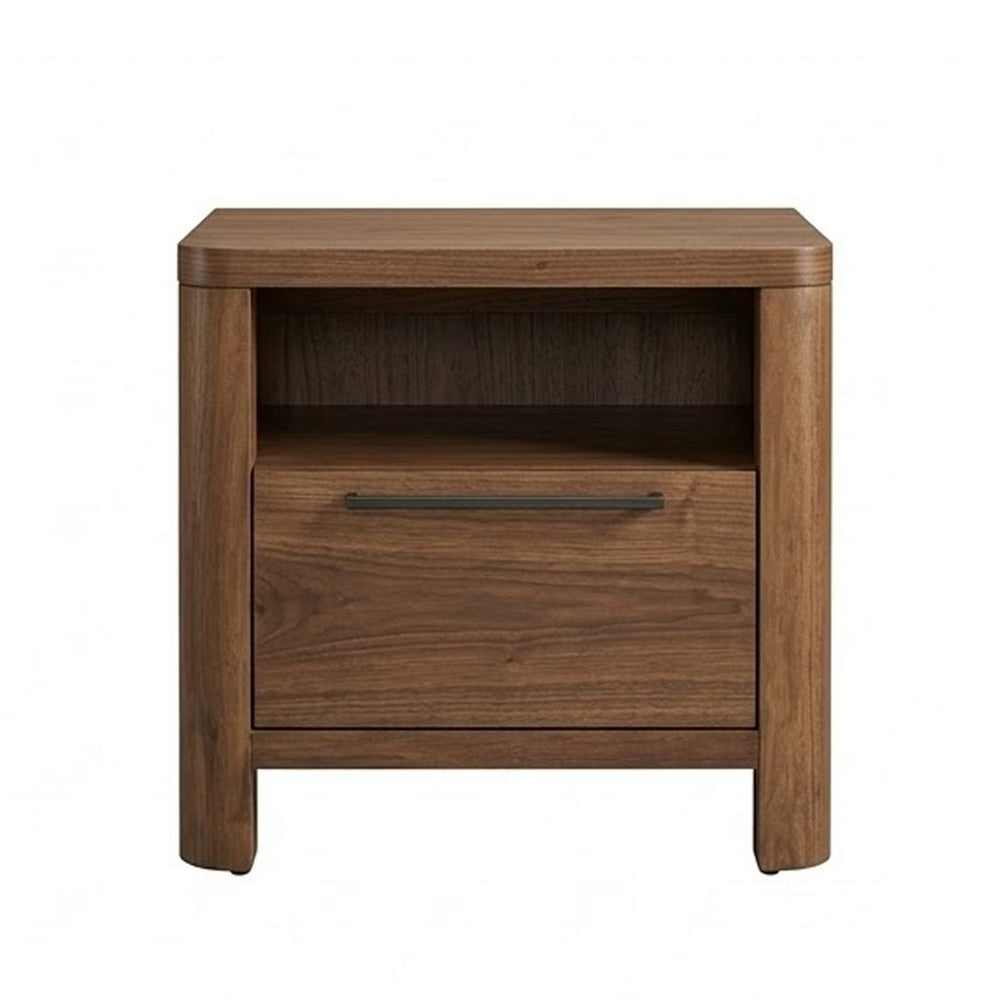 Toyo Nightstand | 1 Drawer and Open Cubby | English Walnut Brown | Black