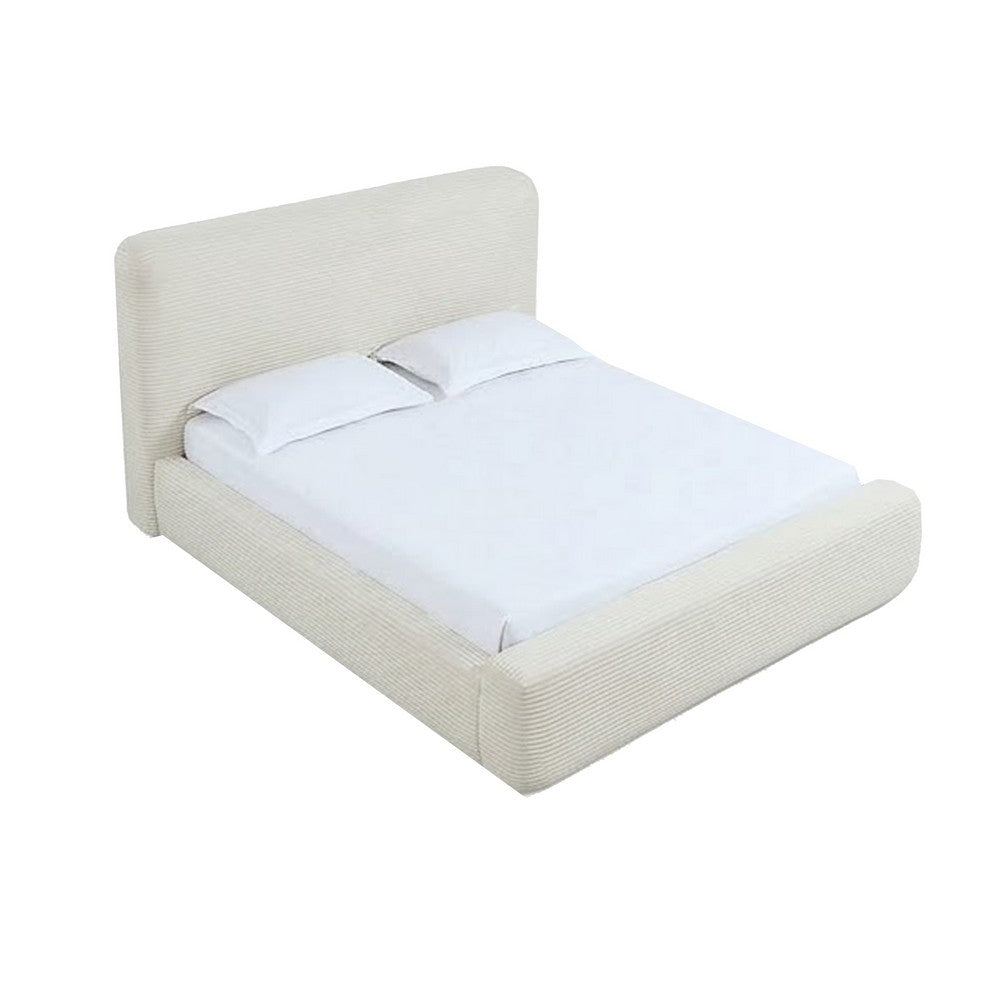 Riyan Queen Platform Bed | Rounded Edges | Frosty White Corduroy Upholstery
