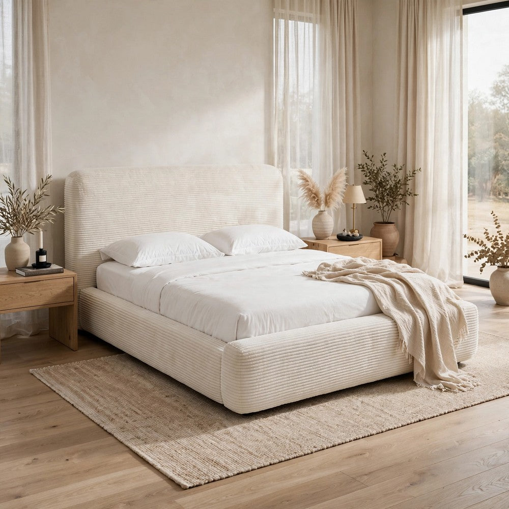 Riyan Queen Platform Bed | Rounded Edges | Frosty White Corduroy Upholstery
