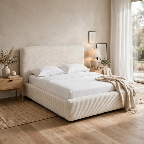 Riyan California King Platform Bed | Frosty White Corduroy Upholstery