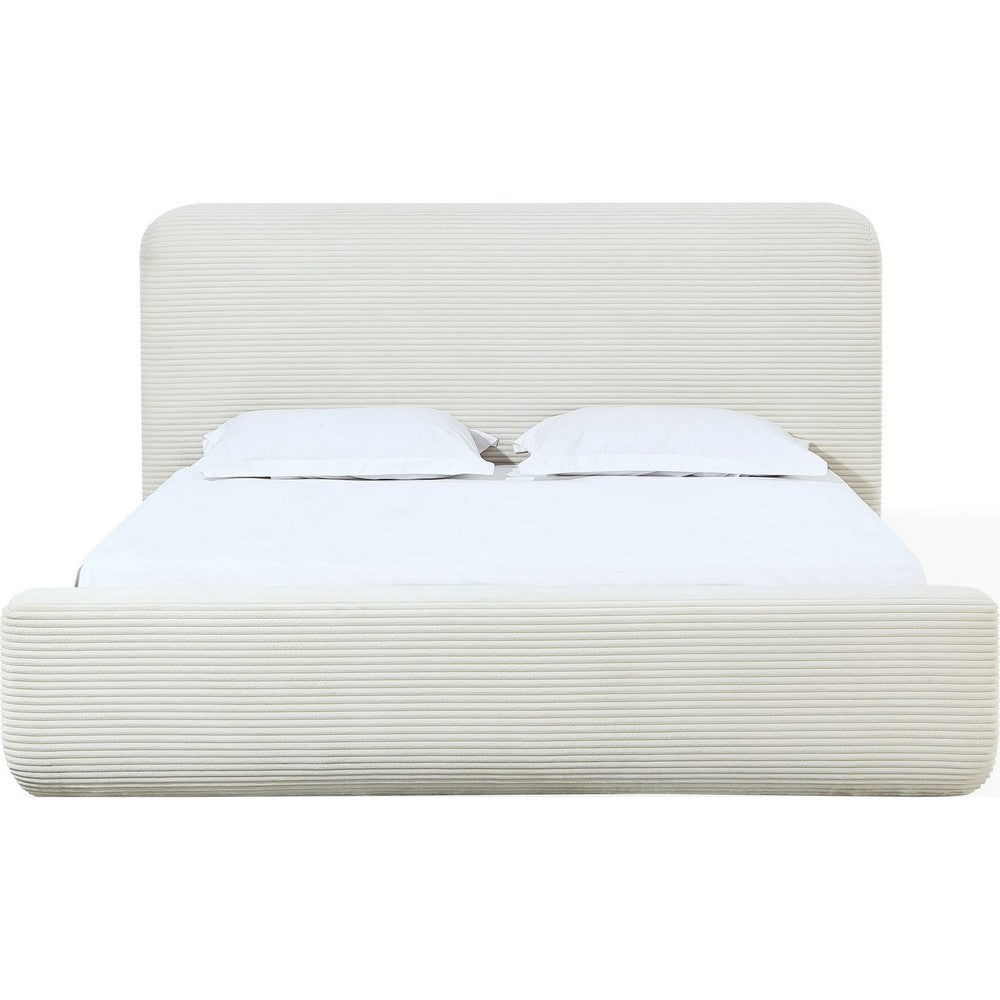 Riyan King Platform Bed | Rounded Edges | Frosty White Corduroy Upholstery