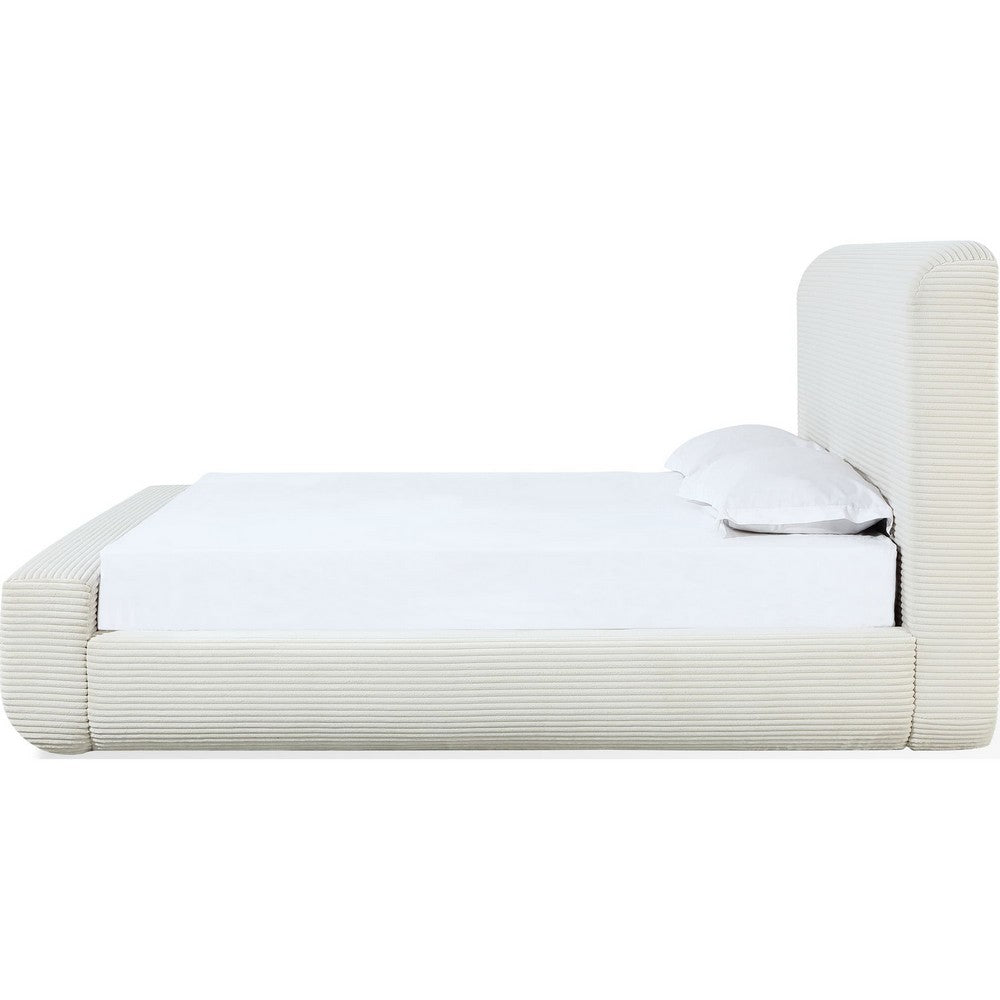 Riyan King Platform Bed | Rounded Edges | Frosty White Corduroy Upholstery