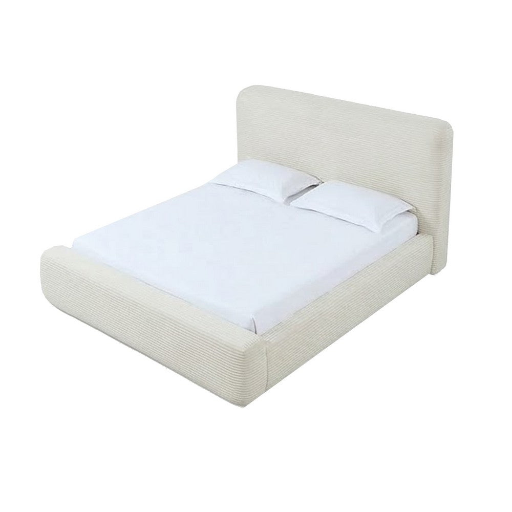 Riyan King Platform Bed | Rounded Edges | Frosty White Corduroy Upholstery