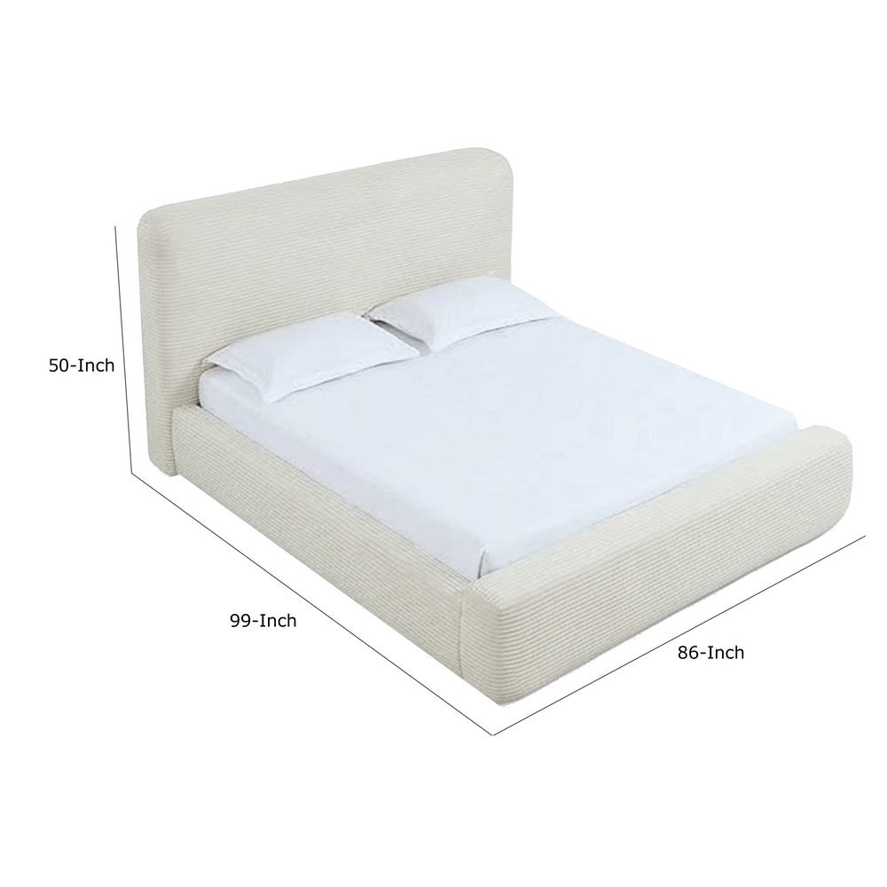 Riyan King Platform Bed | Rounded Edges | Frosty White Corduroy Upholstery