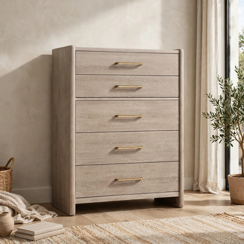 Giva Tall Dresser Chest | 5 Drawers | Wide Panel Legs | Bronze | Chai Brown