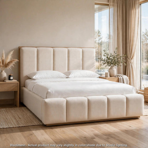 Giva Queen Platform Bed | Channeled Cotton White Chenille Upholstery