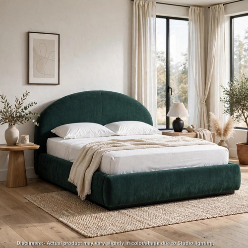 Lexo Queen Platform Bed | Arch Headboard | Emerald Green Chenille Upholstery