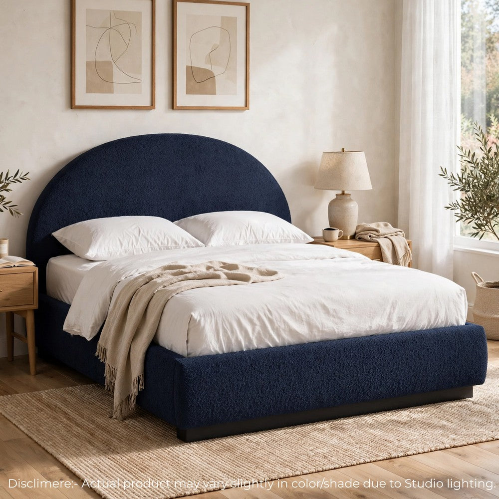 Lexo Queen Platform Bed | Arch Headboard | Blue Jeans Chenille Upholstery