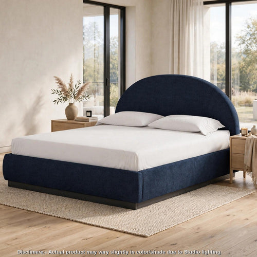 Lexo King Platform Bed | Arch Headboard | Blue Jeans Chenille Upholstery