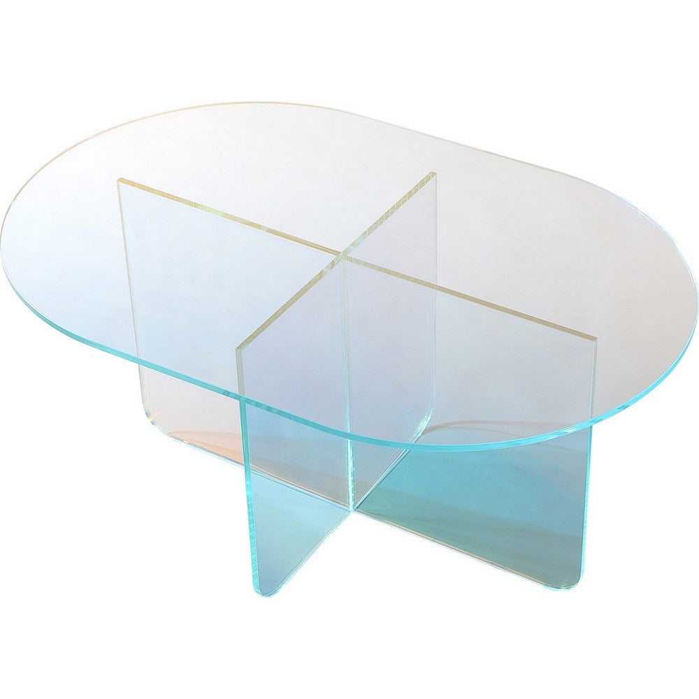 Tira Oval Coffee Table | X Base | Beveled Iridescent Glass 48"