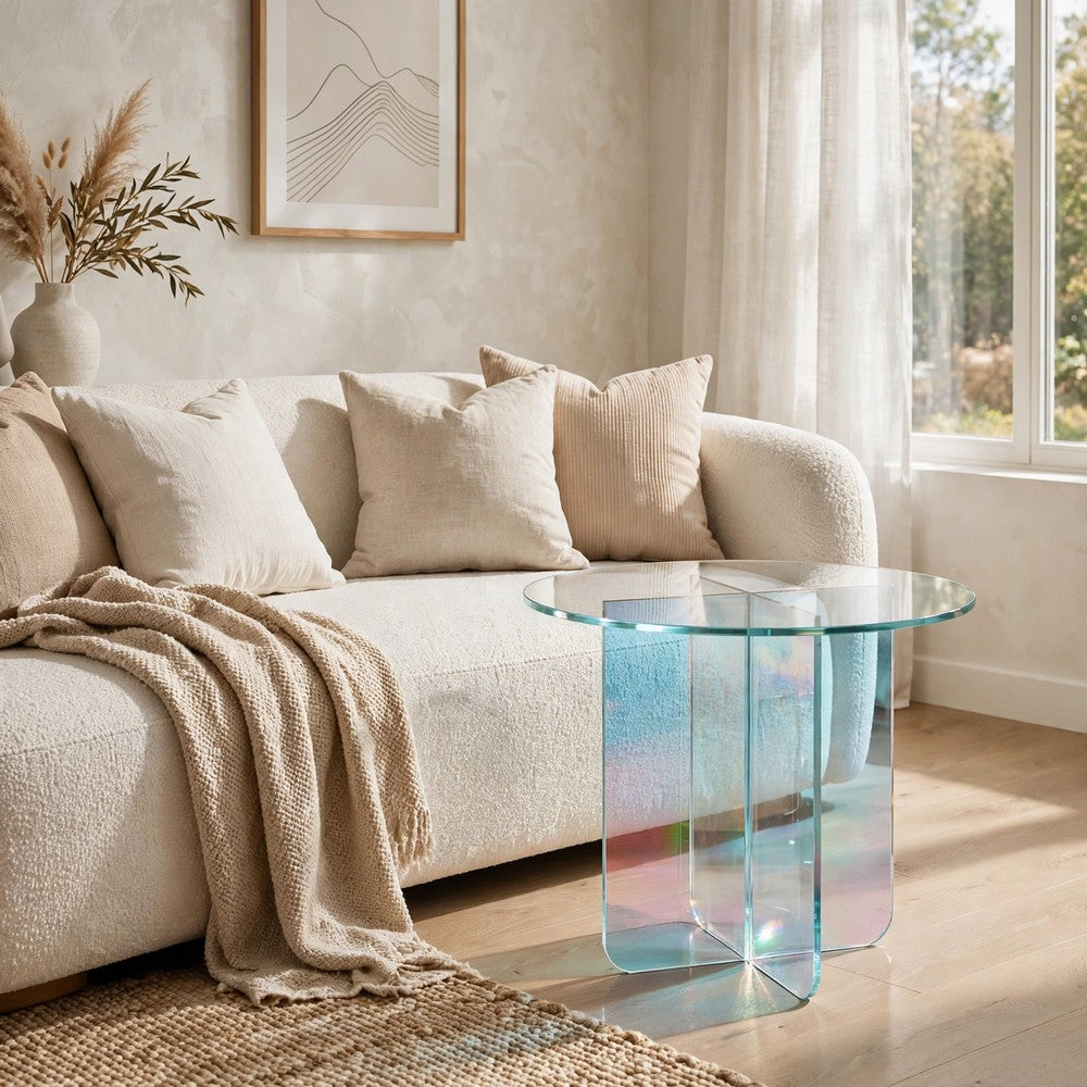 Tira Round Large Side End Table | X Base | Iridescent Glass 22"