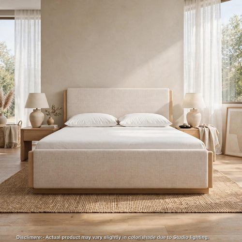 Neer Queen Bed w Corner Posts | White S& Upholstery | Natural Brown Wood