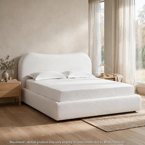 Lony King Platform Bed | Curved Headboard | Vanilla White Linen Upholstery