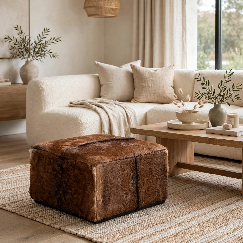 Matty Square Ottoman with Acorn Brown Goat Leather | Sengon Wood | 24"