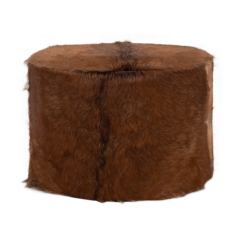 Matty Large Round Ottoman with Acorn Goat Leather | Solid Teak Frame 24"