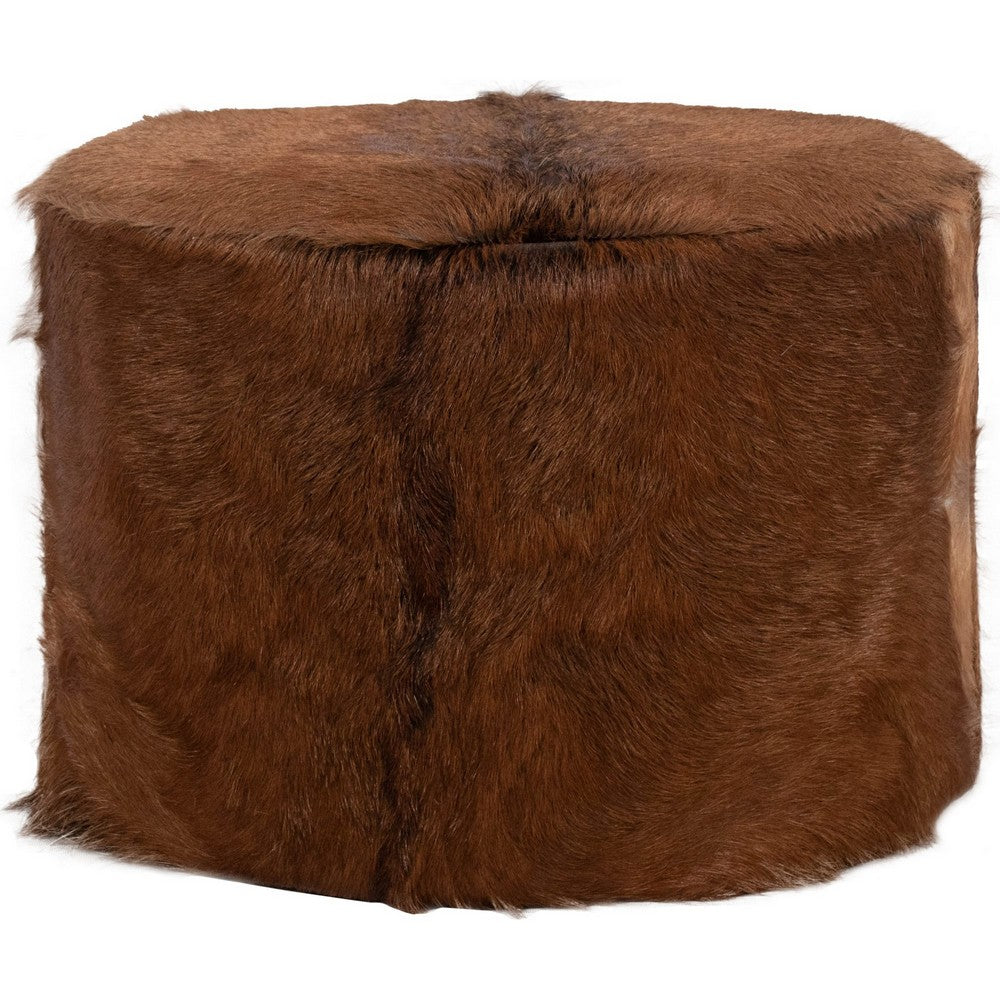Matty Large Round Ottoman with Acorn Goat Leather | Solid Teak Frame 24"