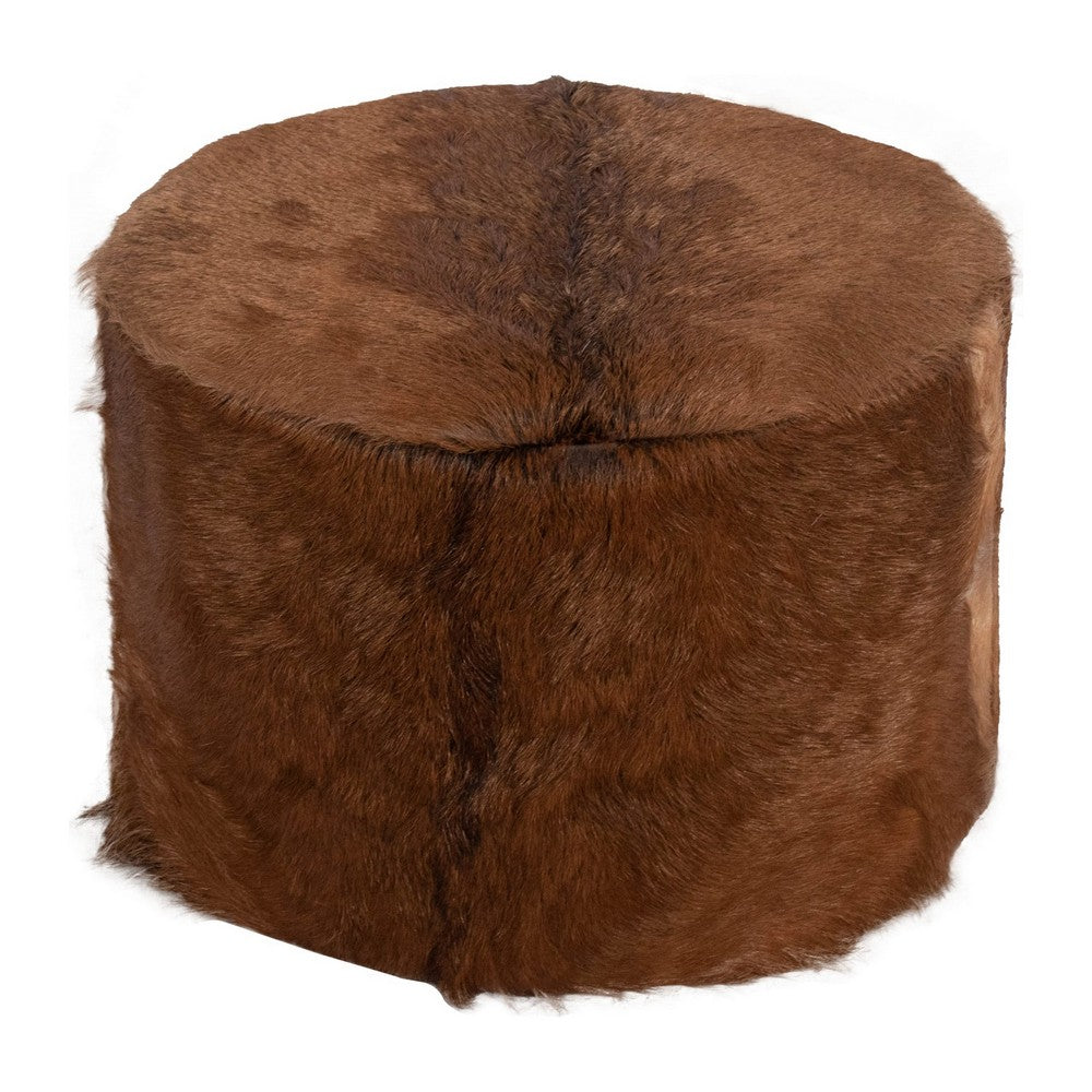 Matty Large Round Ottoman with Acorn Goat Leather | Solid Teak Frame 24"
