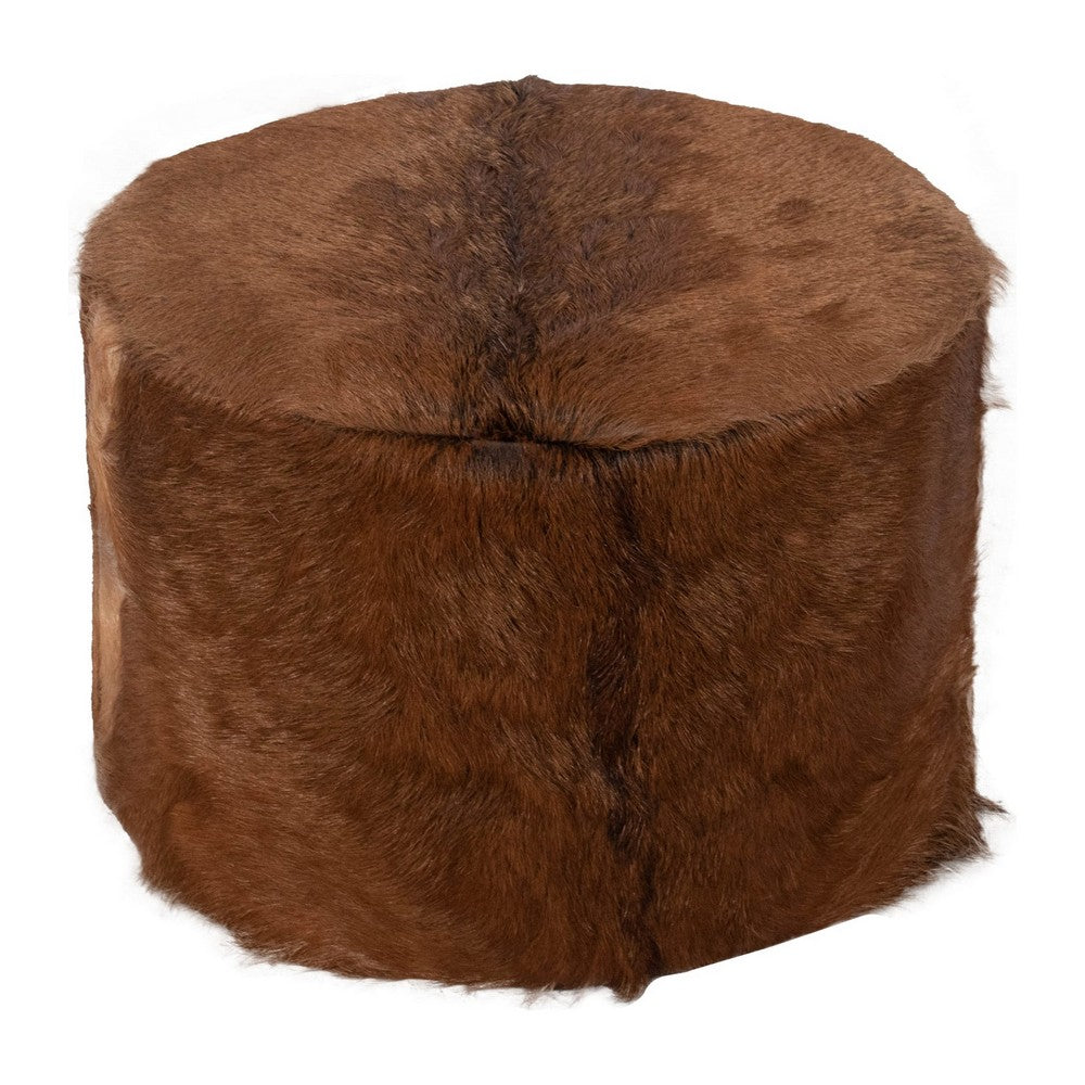 Matty Large Round Ottoman with Acorn Goat Leather | Solid Teak Frame 24"