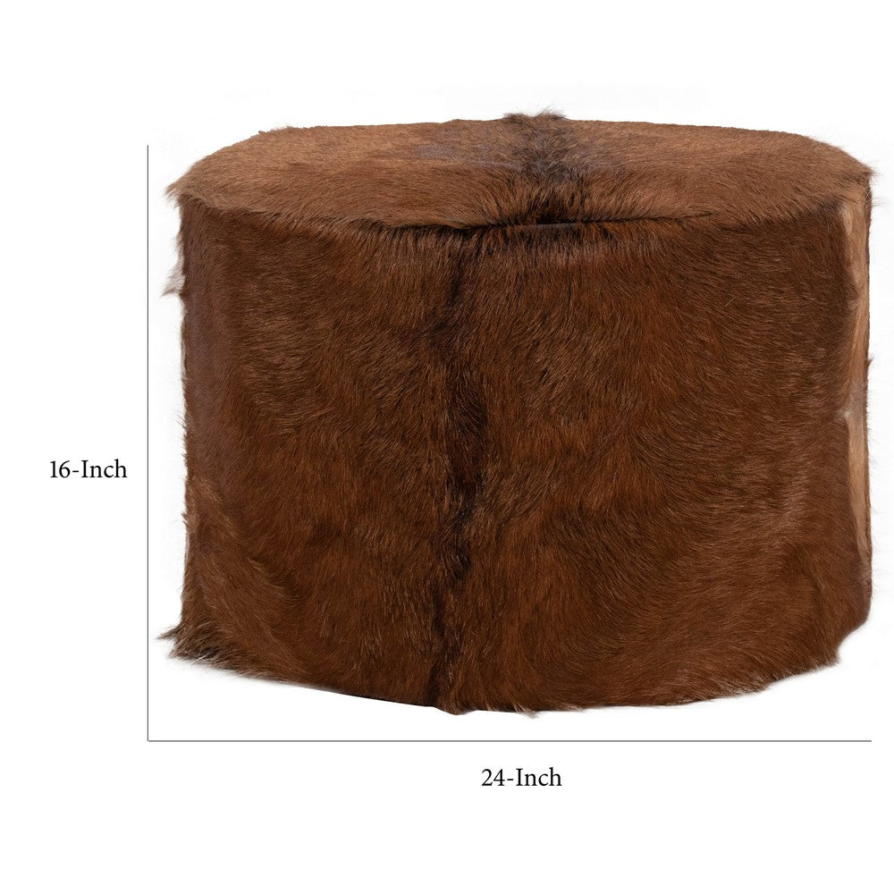 Matty Large Round Ottoman with Acorn Goat Leather | Solid Teak Frame 24"