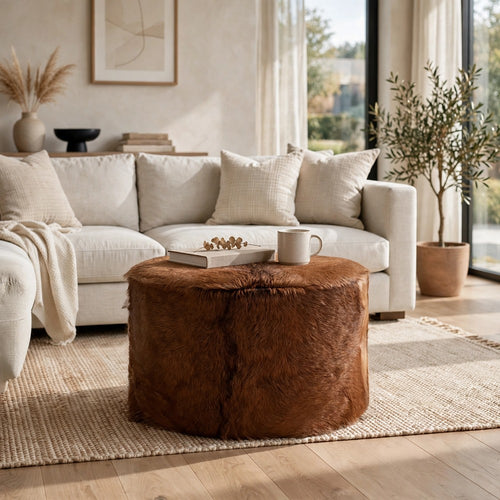 Matty Large Round Ottoman with Acorn Goat Leather | Solid Teak Frame 24"