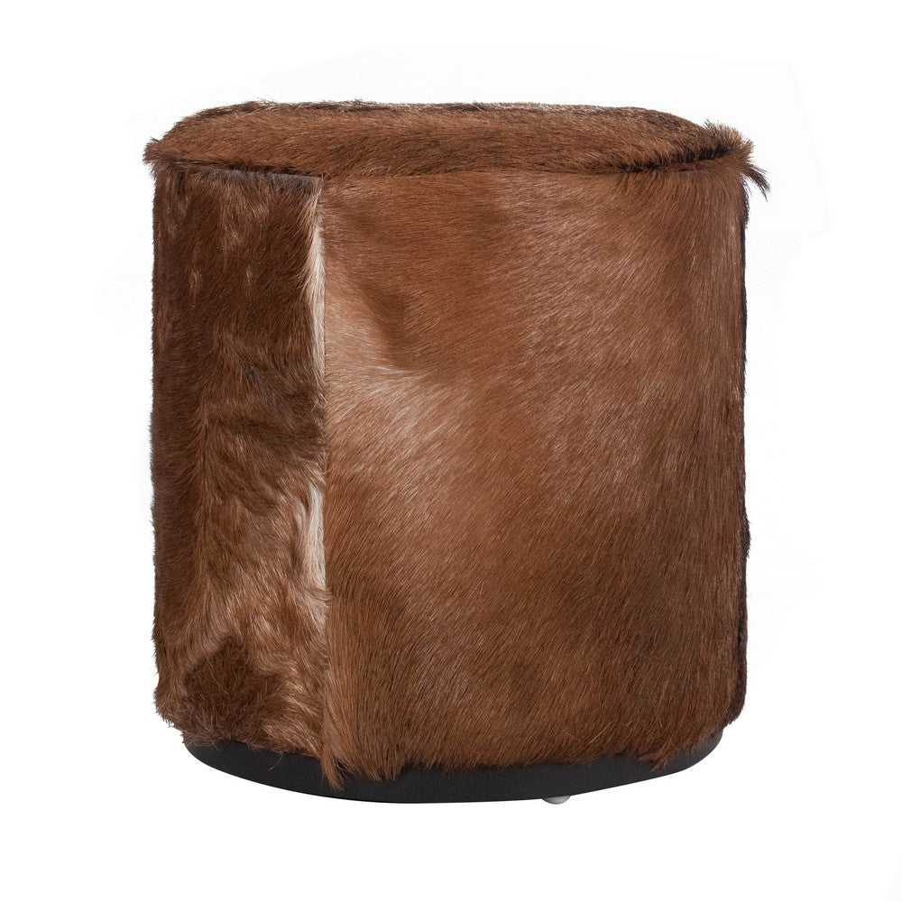 Matty Small Round Ottoman with Acorn Goat Leather | Solid Teak Frame 18"