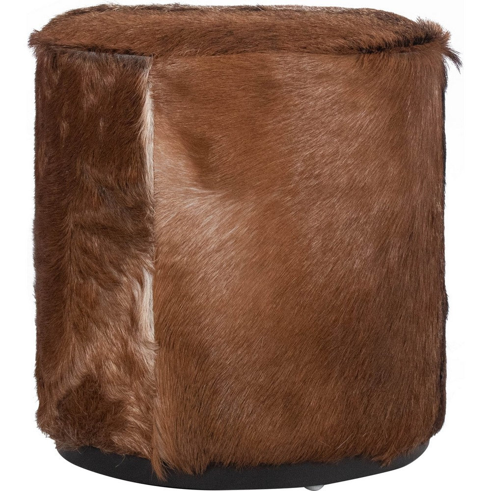 Matty Small Round Ottoman with Acorn Goat Leather | Solid Teak Frame 18"