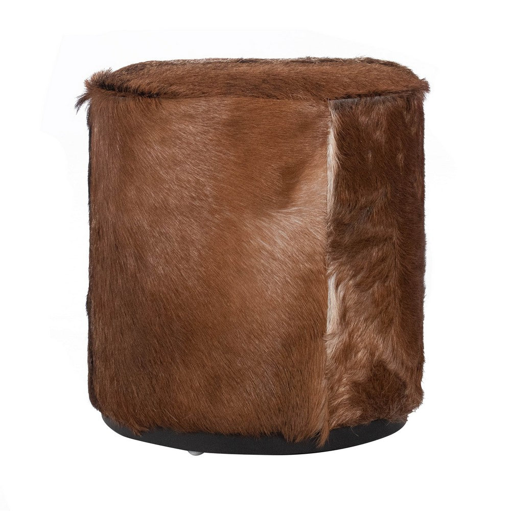 Matty Small Round Ottoman with Acorn Goat Leather | Solid Teak Frame 18"