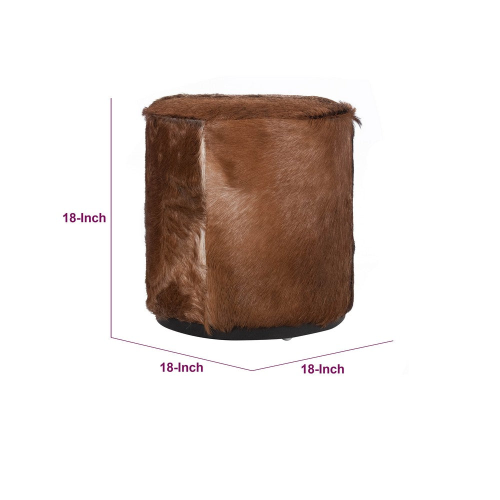Matty Small Round Ottoman with Acorn Goat Leather | Solid Teak Frame 18"