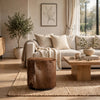 Matty Small Round Ottoman with Acorn Goat Leather | Solid Teak Frame 18"