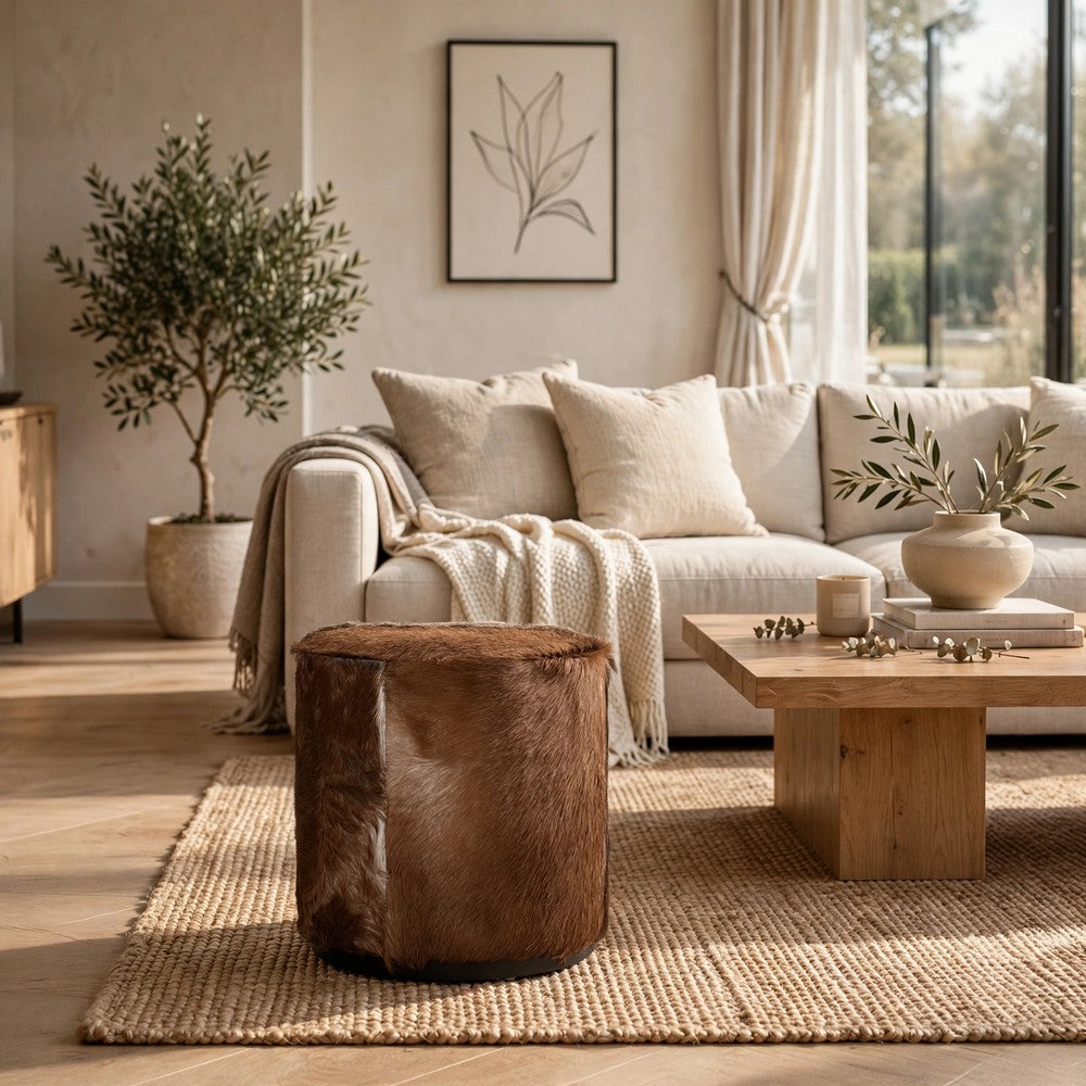 Matty Small Round Ottoman with Acorn Goat Leather | Solid Teak Frame 18"