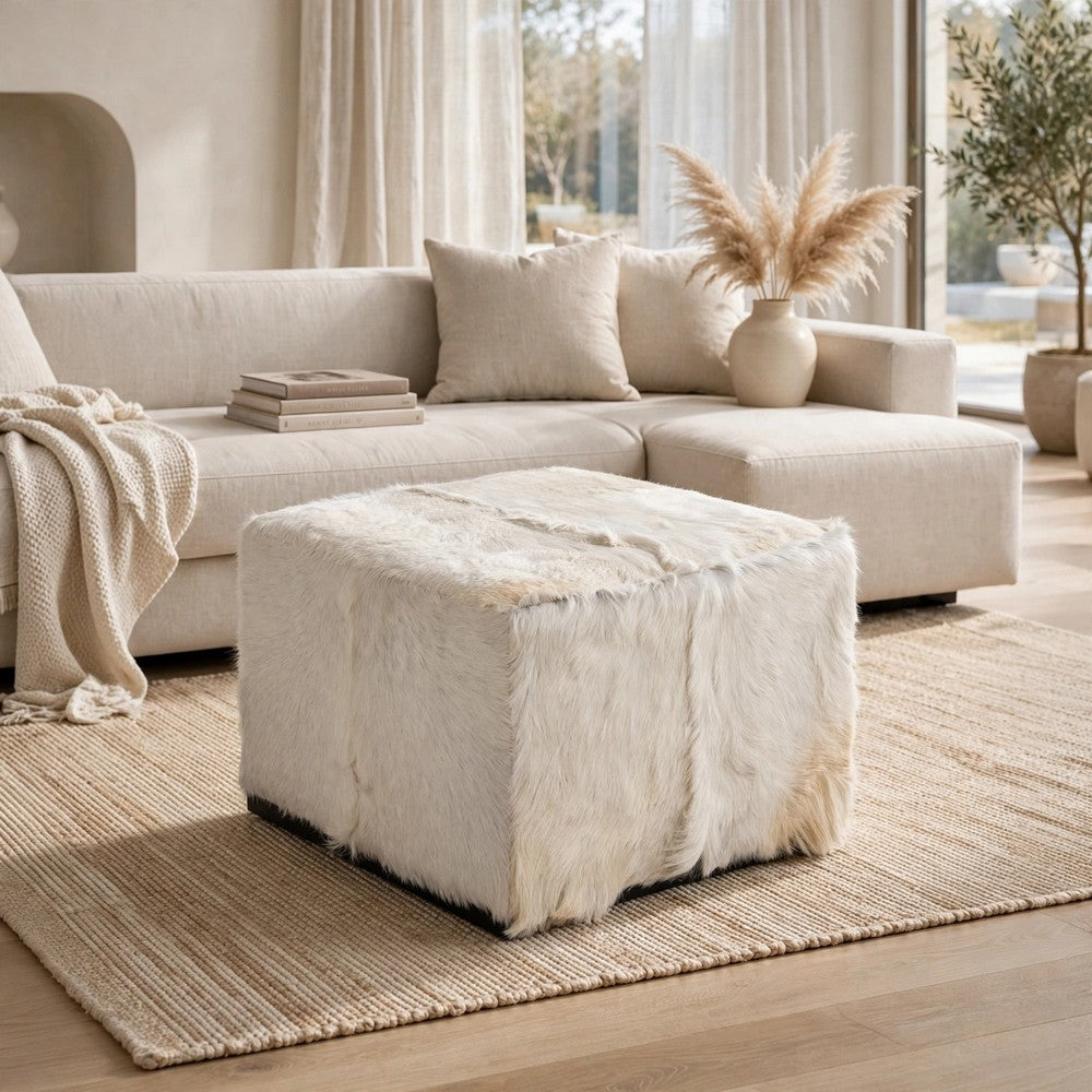 Matty Modern Square Ottoman | Macadamia Goat Leather | Solid Teak Frame 24"