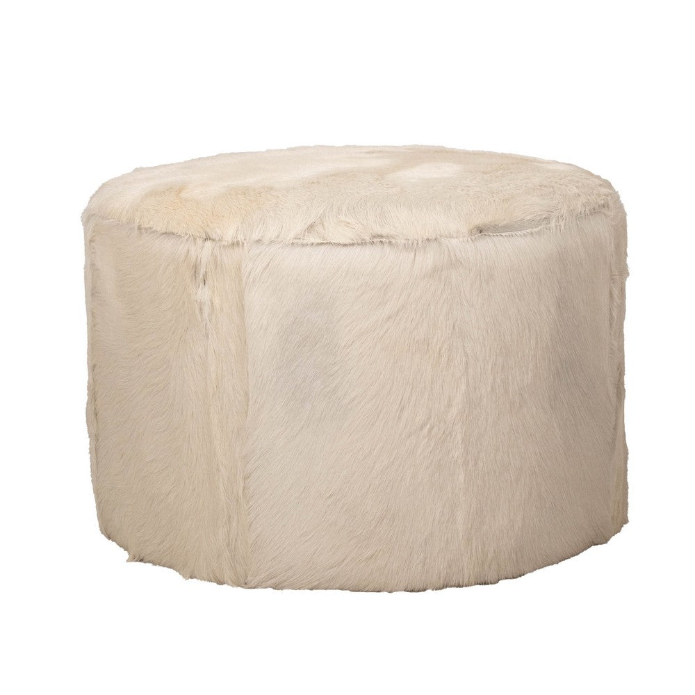Matty Large Round Ottoman | Macadamia Goat Leather | Solid Teak Frame 24"
