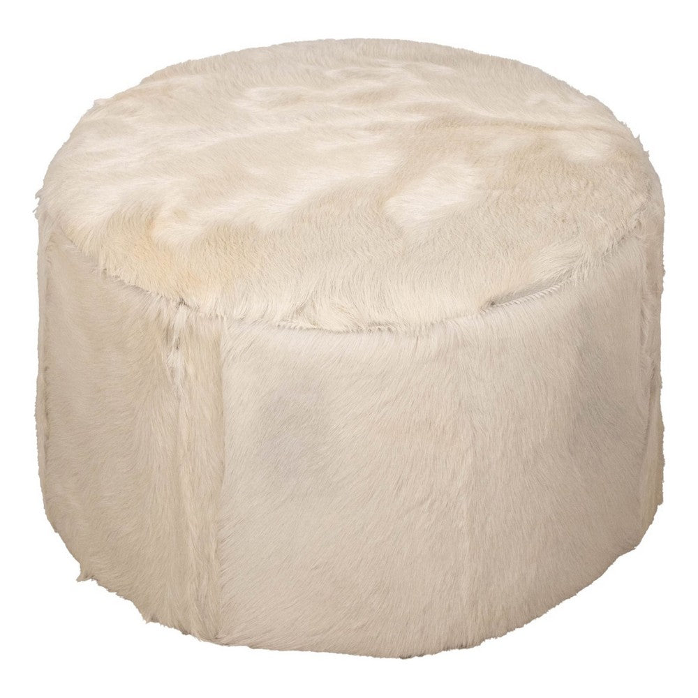 Matty Large Round Ottoman | Macadamia Goat Leather | Solid Teak Frame 24"