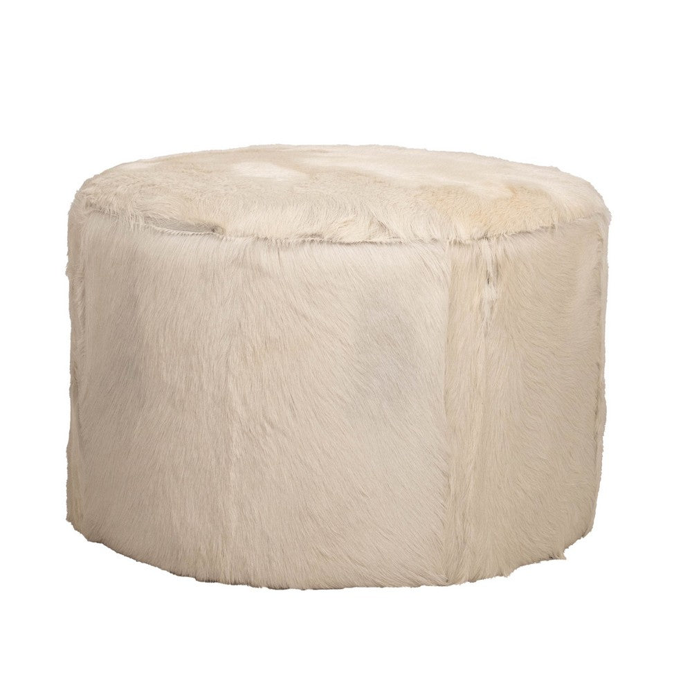 Matty Large Round Ottoman | Macadamia Goat Leather | Solid Teak Frame 24"