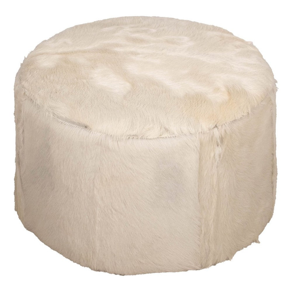 Matty Large Round Ottoman | Macadamia Goat Leather | Solid Teak Frame 24"