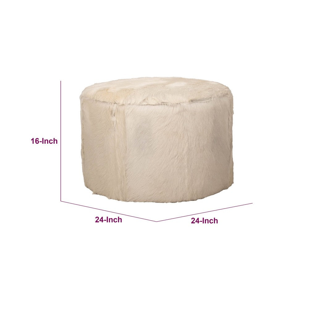 Matty Large Round Ottoman | Macadamia Goat Leather | Solid Teak Frame 24"