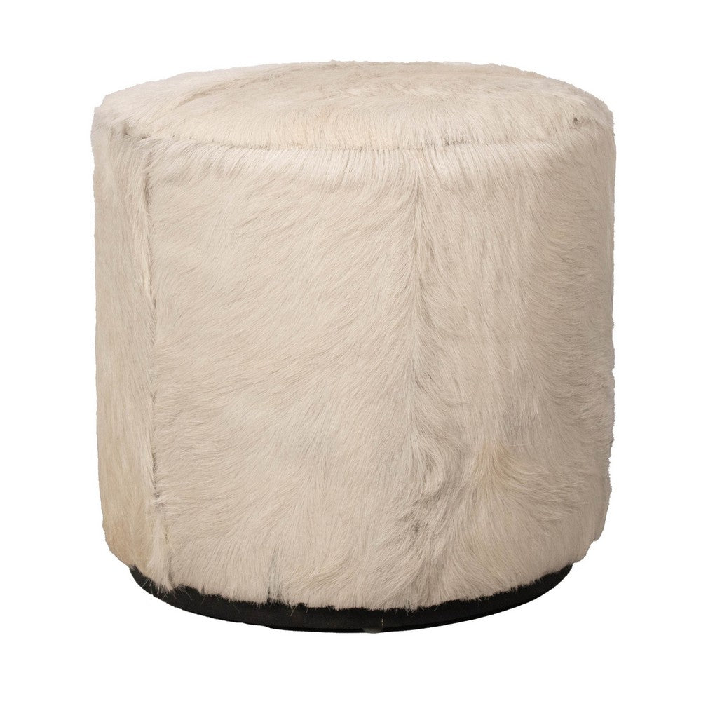 Matty Small Round Ottoman | Macadamia Goat Leather | Solid Teak Frame 18"
