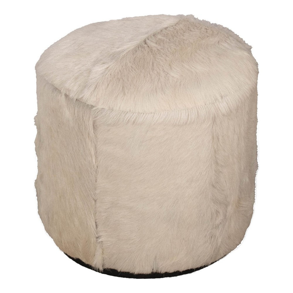 Matty Small Round Ottoman | Macadamia Goat Leather | Solid Teak Frame 18"